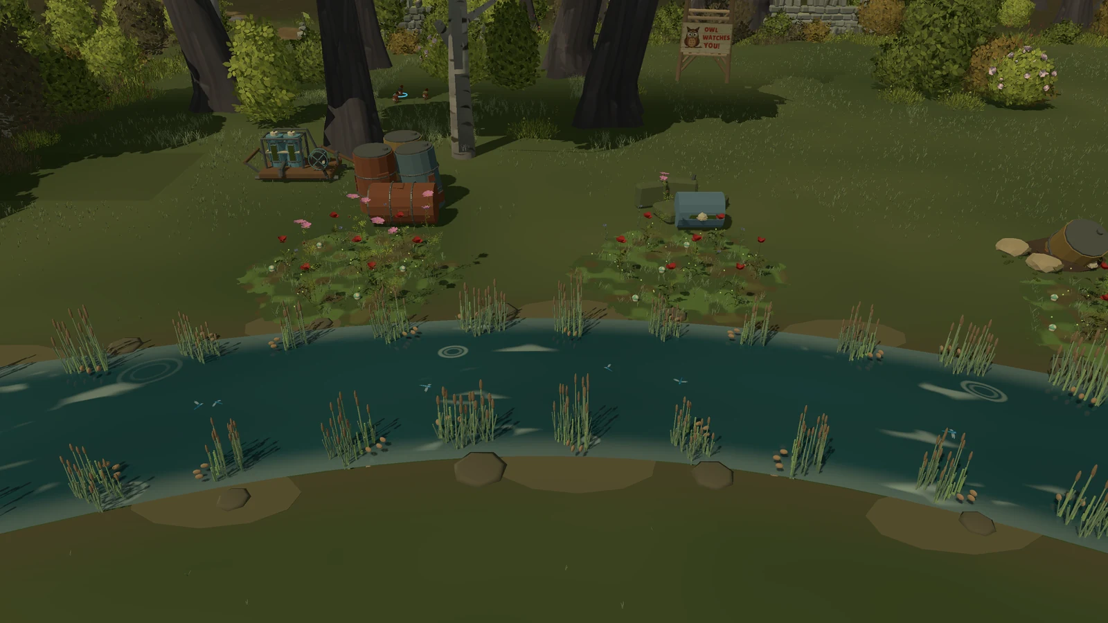 Early development screenshot of the restored creek in Clearwater Crossing, with clean water and reeds and plants growing around cleaned drum dumps