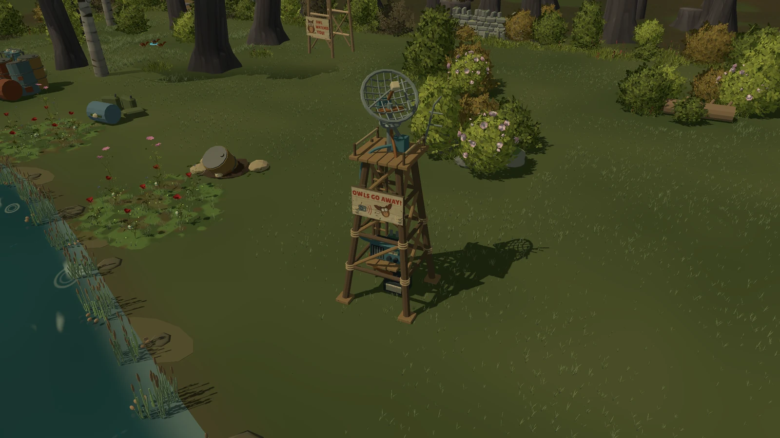 Early development render of the completed owl repellent tower in Clearwater Crossing, with its antenna and an "OWLS GO AWAY!" sign