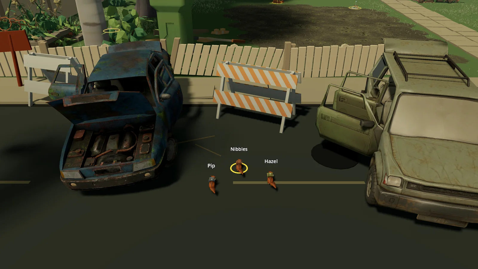 Early development screenshot of Pip, Hazel and Nibbles beside abandoned cars